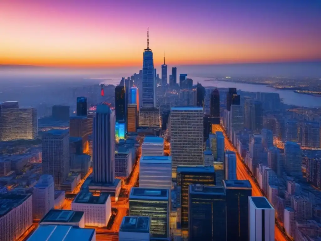 Vibrante ciudad futurista al atardecer con IA y optimización de portafolios inmobiliarios