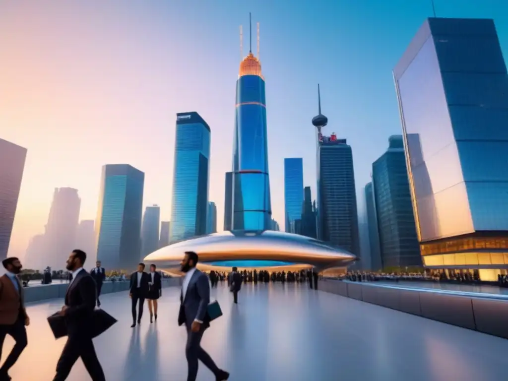 Oficina Fintech en Ciudad Futurista al Atardecer Vibrante ciudad futurista al atardecer con edificio Fintech destacando en el skyline, mostrando datos financieros en tiempo real
