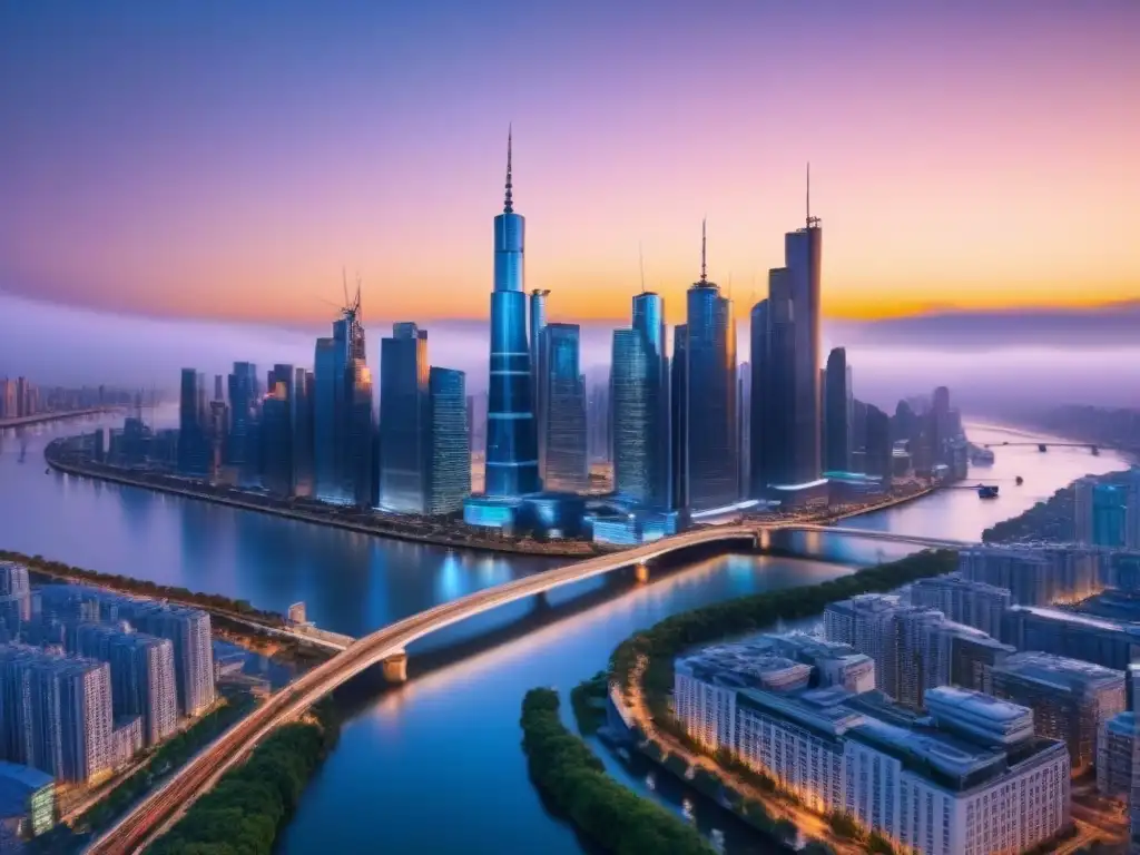 Metrópolis futurista: innovación y progreso en alta resolución Vibrante ciudad futurista al atardecer con tecnología avanzada, reflejada en el río