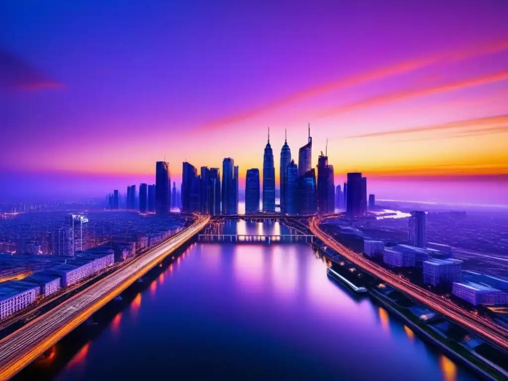 Horizonte futurista: ciudad iluminada con colores vibrantes al atardecer Vibrante ciudad futurista al atardecer con hipotecas basadas en ingresos futuros