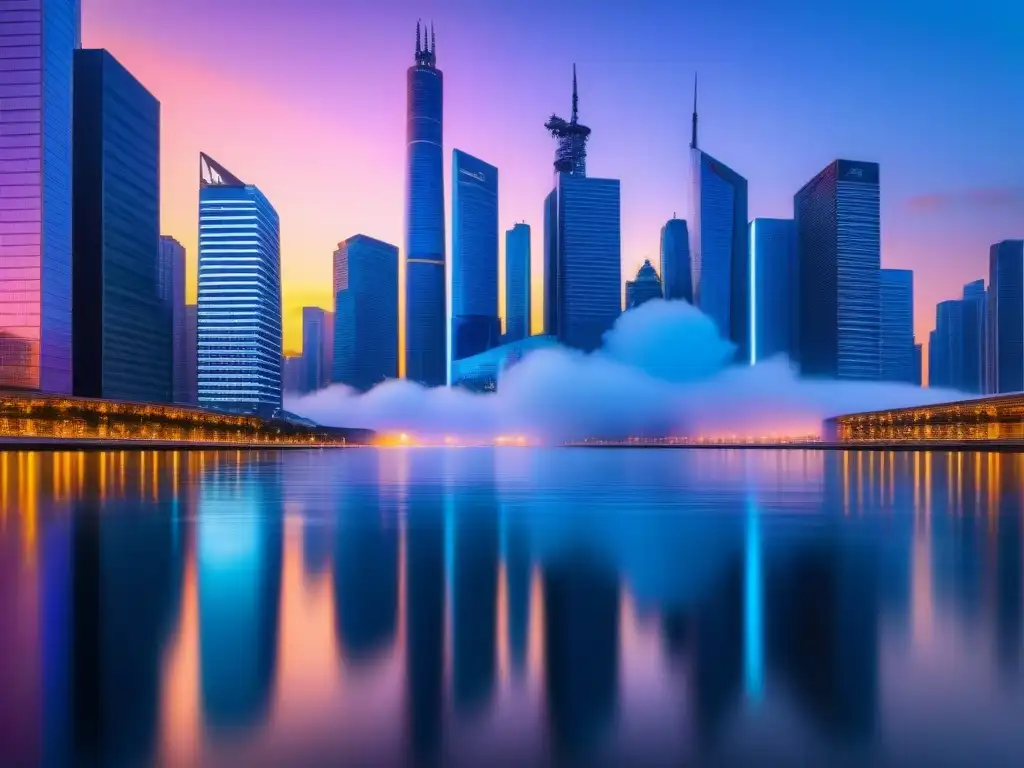 Horizonte futurista: innovación financiera en la ciudad Vibrante ciudad futurista al atardecer, con rascacielos y pantallas digitales mostrando datos financieros