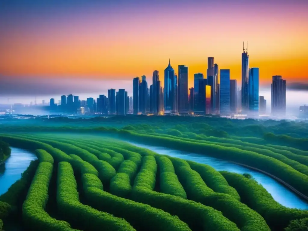 Horizonte futurista: ciudad moderna al atardecer Vibrante ciudad futurista al atardecer, reflejando la importancia seguros préstamos inmobiliarios