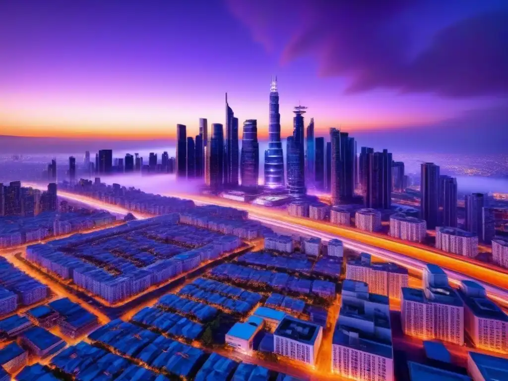 Metrópolis futurista al atardecer: luces neon y rascacielos ultramodernos Vibrante ciudad futurista al atardecer con rascacielos relucientes, autos autónomos y luces de neón, simbolizando progreso en el seguro de título financiamiento inmobiliario