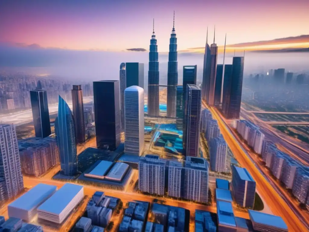 Metrópolis futurista: diversidad demográfica y tecnología avanzada Vibrante ciudad futurista al atardecer con tecnología integrada y tendencias mercado inmobiliario tecnología