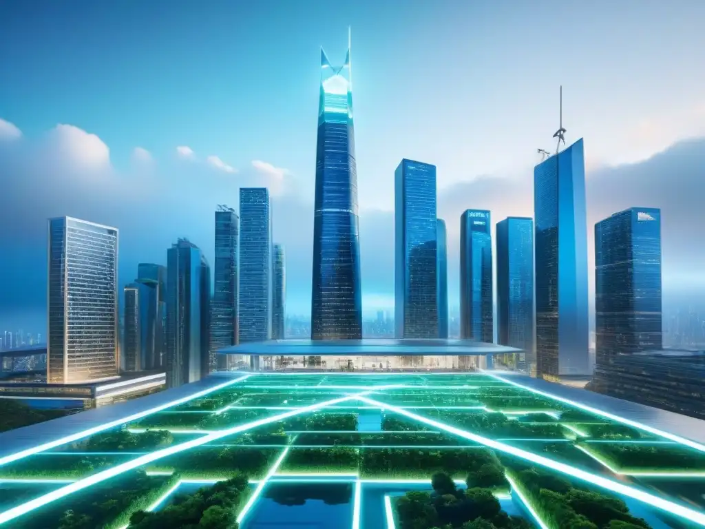 Cityscape futurista con tecnología blockchain en bienes raíces Vibrante ciudad futurista con blockchain en préstamos inmobiliarios