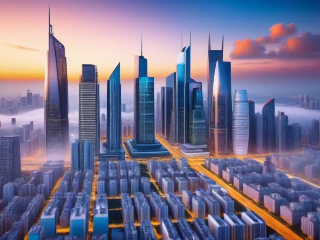 Inversión inmobiliaria futurista: skyline financiero al atardecer Vibrante ciudad futurista con cálculos de amortizaciones inmobiliarias carga tributaria