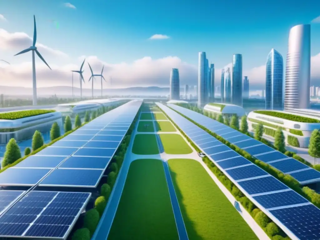 Cityscape sostenible del futuro: arquitectura verde integrada Vibrante ciudad futurista con construcciones sostenibles, paneles solares y vegetación