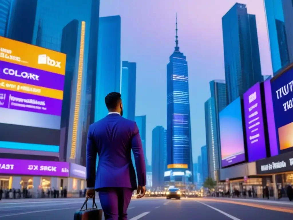 Metrópolis futurista al anochecer: innovación en bienes raíces Vibrante ciudad futurista al crepúsculo, con rascacielos iluminados reflejando cielos azules y púrpuras