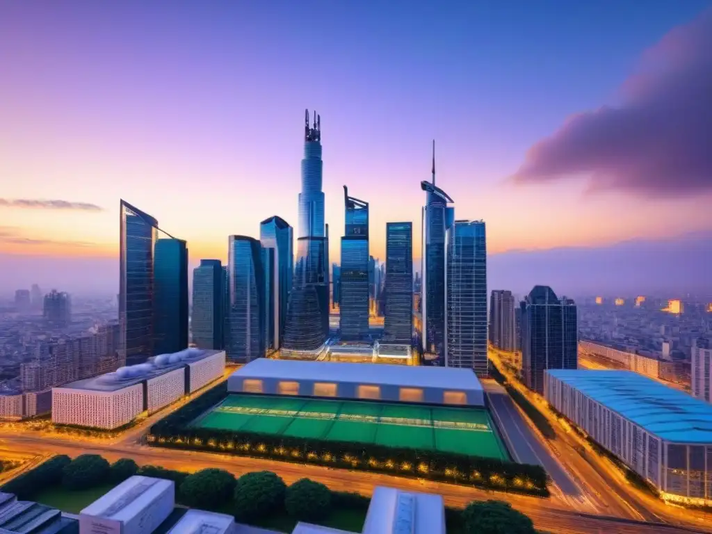Futurista skyline nocturno con drones y luces digitales Vibrante ciudad futurista al anochecer con drones y luces digitales, reflejando un distrito financiero automatizado