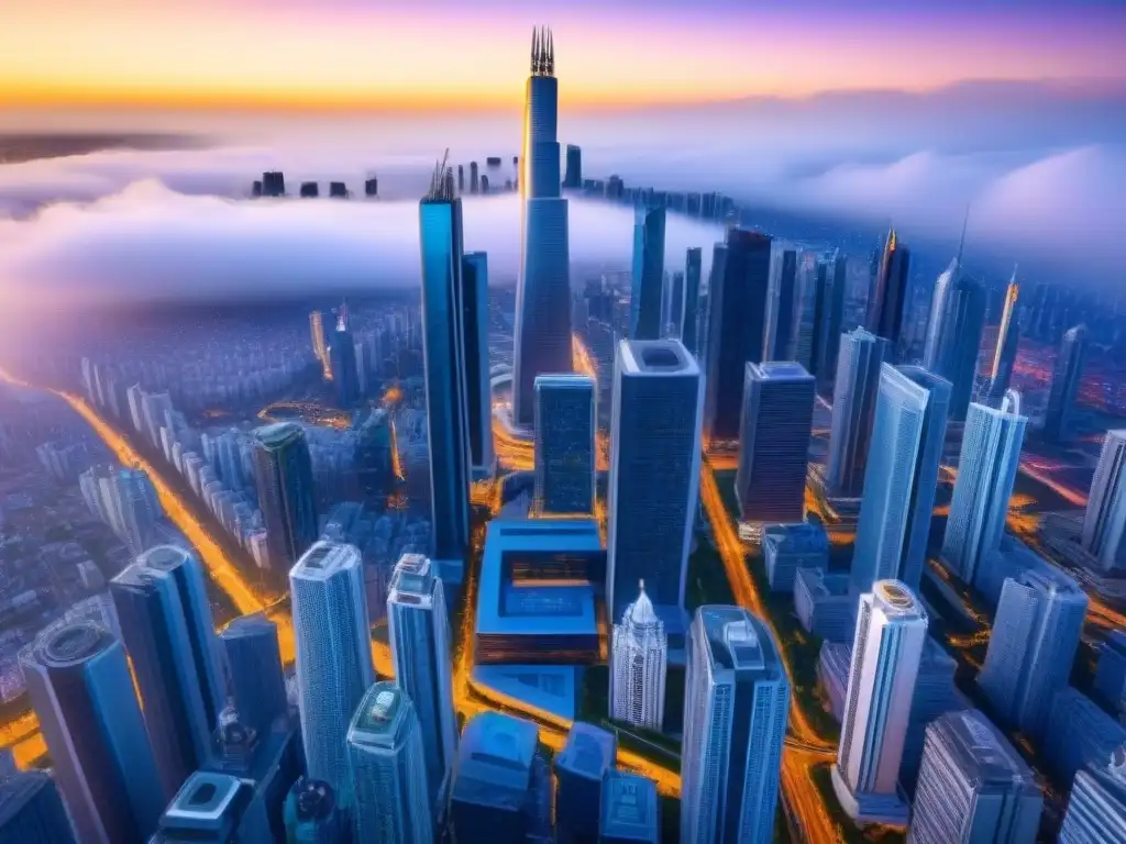 Metrópolis futurista en economía emergente: 8k ultra detallada Vibrante ciudad futurista en economía emergente, con mercados inmobiliarios globales en auge