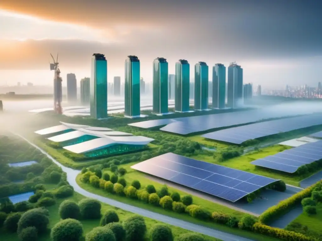 Visión futurista de una ciudad sostenible con alta tecnología Vibrante ciudad futurista con edificios verdes y paneles solares, ilustrando desarrollo urbano sostenible