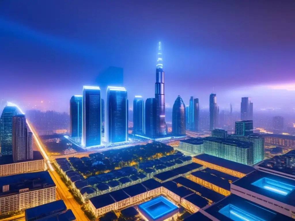 Horizonte futurista: inteligencia artificial en valuación inmobiliaria Vibrante ciudad futurista con edificios de cristal reflejando luces de neón