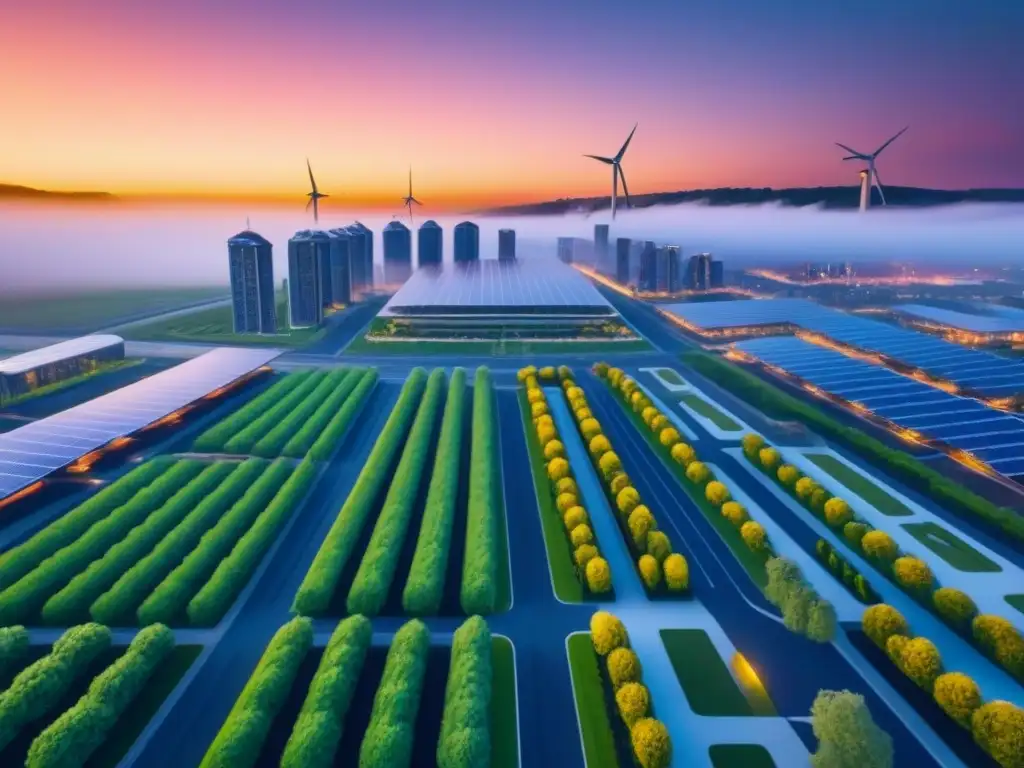 Cityscape futurista ecoeficiente al atardecer Vibrante ciudad futurista con edificios energéticamente eficientes y tecnología avanzada, en armonía con la naturaleza al atardecer