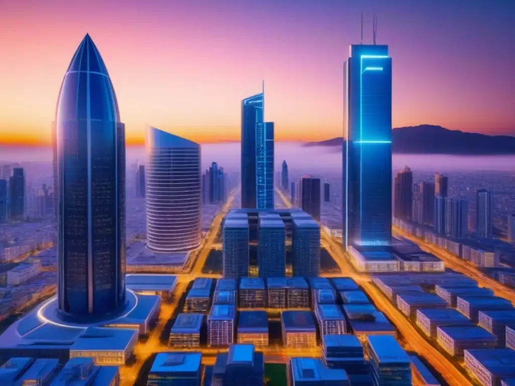 Metrópolis futurista: rascacielos AI en atardecer brillante Vibrante ciudad futurista con IA en edificios y drones, reflejando innovación en tasaciones inmobiliarias con inteligencia artificial