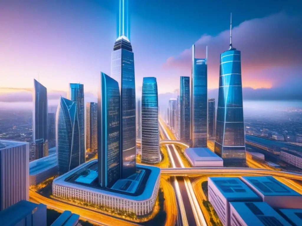 Metrópolis futurista: integración de IA en análisis inmobiliario Vibrante ciudad futurista con edificios inteligentes y datos brillantes