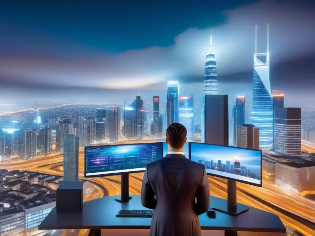 Metrópolis futurista: análisis de datos inmobiliarios en tiempo real Vibrante ciudad futurista con edificios modernos y flujo de datos digital, destacando oficina fintech analizando datos inmobiliarios