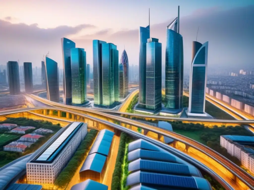 Metrópolis futurista sostenible: arquitectura avanzada y movilidad eco Vibrante ciudad futurista con Financiamiento inmobiliario post crisis 2008