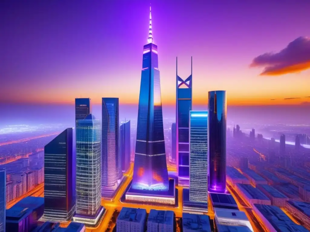 Proptech del futuro: ciudad futurista al atardecer Vibrante ciudad futurista con integración de servicios Proptech inmobiliarios al atardecer