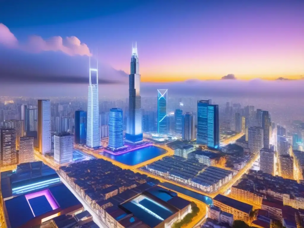 Metrópolis futurista: blockchain revoluciona el sector inmobiliario de Latinoamérica Vibrante ciudad futurista en América Latina con blockchain en financiamiento inmobiliario