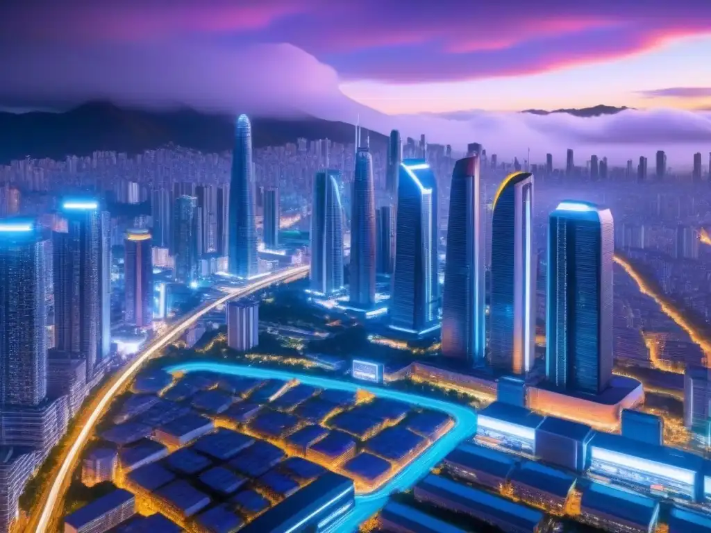 Metrópolis futurista en Latinoamérica: diseño innovador y luces neón Vibrante ciudad futurista en América Latina con innovadores rascacielos, luces de neón y financiamiento inmobiliario en la región