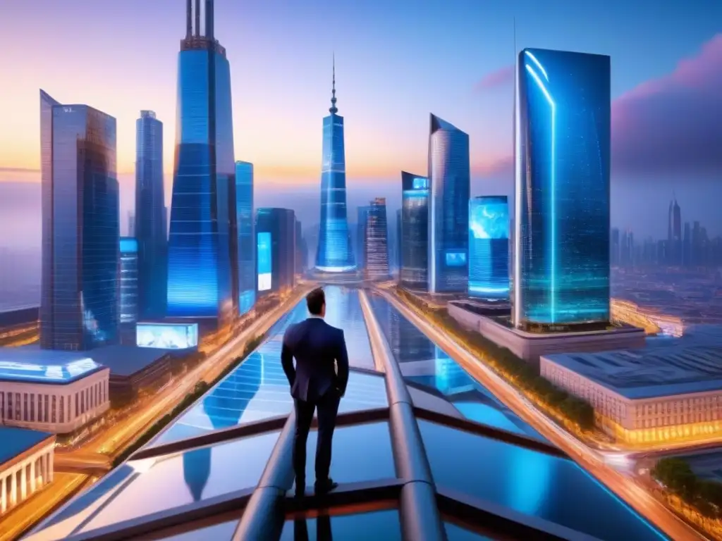 Metrópolis futurista: skyline digital 8k de alta tecnología Vibrante ciudad futurista al anochecer con Marketing inmobiliario Fintech redes sociales