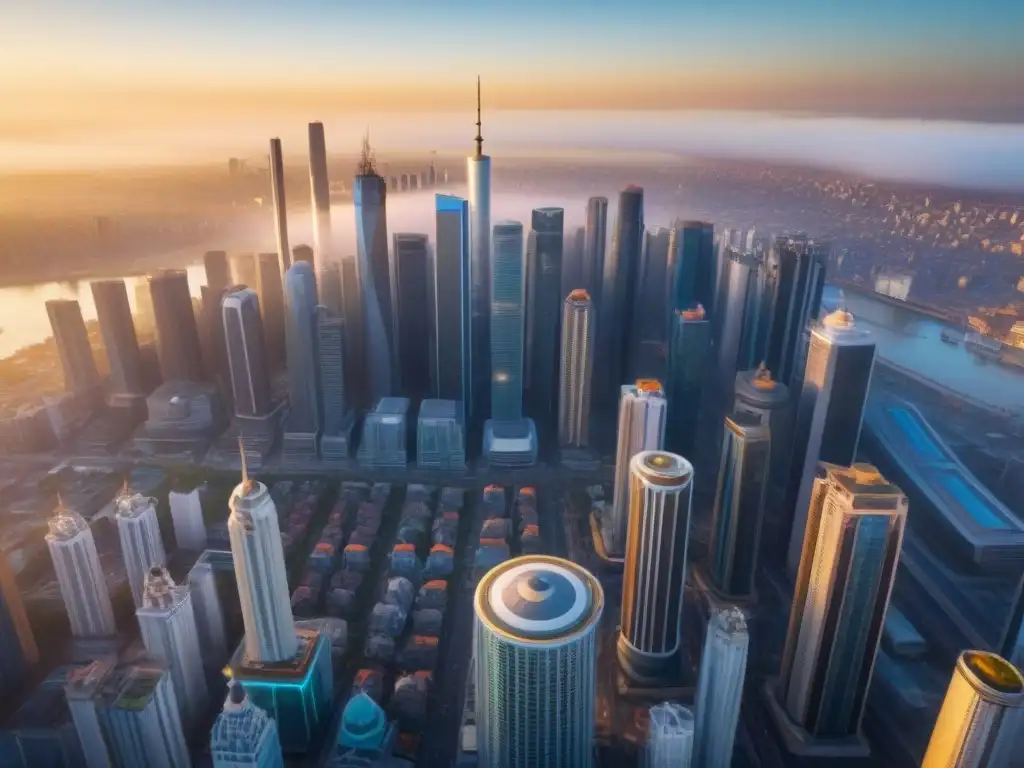 Metrópolis Futurista en Mercado Emergente: Oportunidad en Crecimiento Vibrante ciudad futurista en mercado emergente con rascacielos innovadores y diversidad cultural
