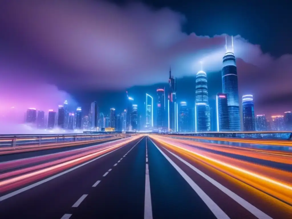 Metrópolis futurista: luces neón en la noche Vibrante ciudad futurista de noche con rascacielos iluminados por luces neón, reflejando la recuperación rápida inversión inmobiliaria