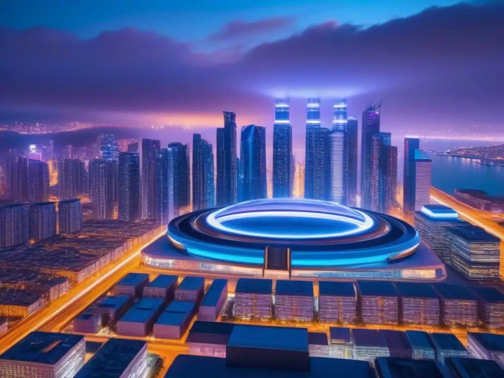 Metrópolis futurista: luces neón y drones AI en la noche Vibrante ciudad futurista de noche con rascacielos iluminados y drones AI en formación, destacando la convergencia de tecnología y vida urbana