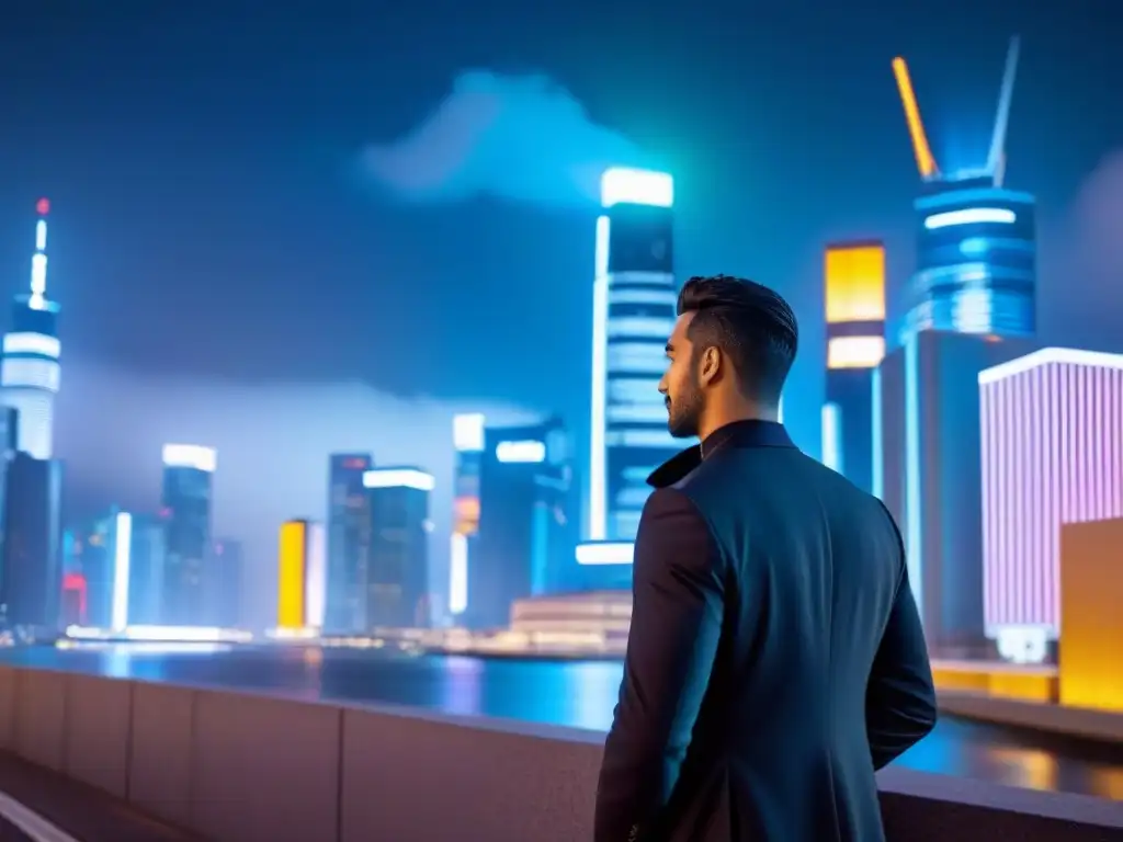 Metrópolis futurista: tecnología y finanzas en armonía Vibrante ciudad futurista de noche con rascacielos iluminados y personas haciendo transacciones seguras en dispositivos móviles