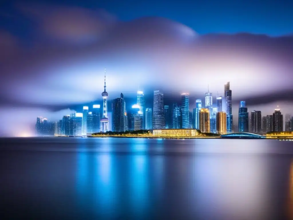 Horizonte urbano futurista: luces y arquitectura moderna Vibrante ciudad futurista de noche con rascacielos iluminados y reflejos brillantes en el agua