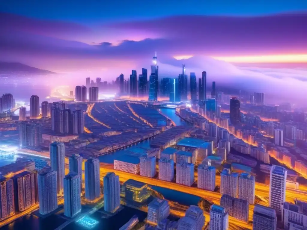 Innovación urbana: Ciudad futurista nocturna iluminada Vibrante ciudad futurista de noche con rascacielos iluminados por luces neón, simbolizando innovaciones en financiamiento inmobiliario