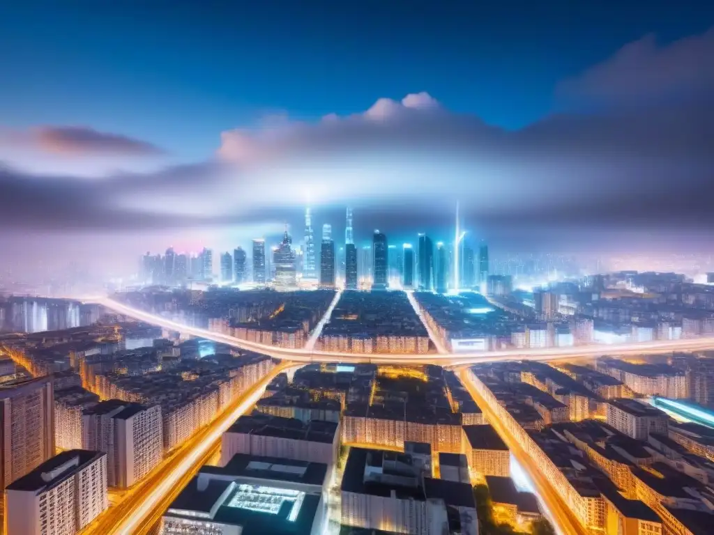 Metropolis futurista: Big Data y Proptech en inversión inmobiliaria Vibrante ciudad futurista de noche con ríos de datos entre rascacielos iluminados: impacto del Big Data en finanzas inmobiliarias