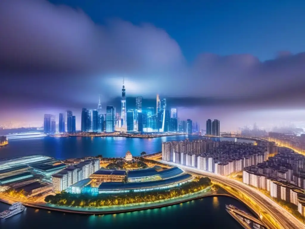 Metropolis futurista: innovación Proptech en finanzas inmobiliarias Vibrante ciudad futurista de noche con datos financieros en tiempo real