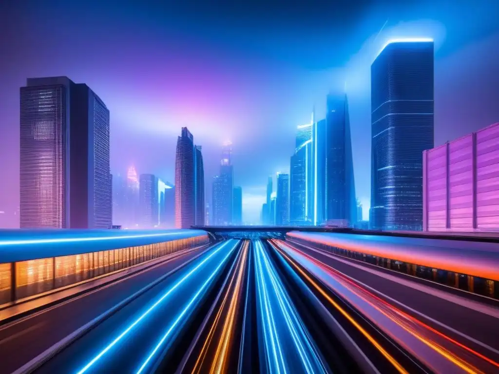 Metrópolis futurista: Proptech en la vanguardia urbana Vibrante ciudad futurista de noche con rascacielos iluminados y sistemas de transporte avanzados