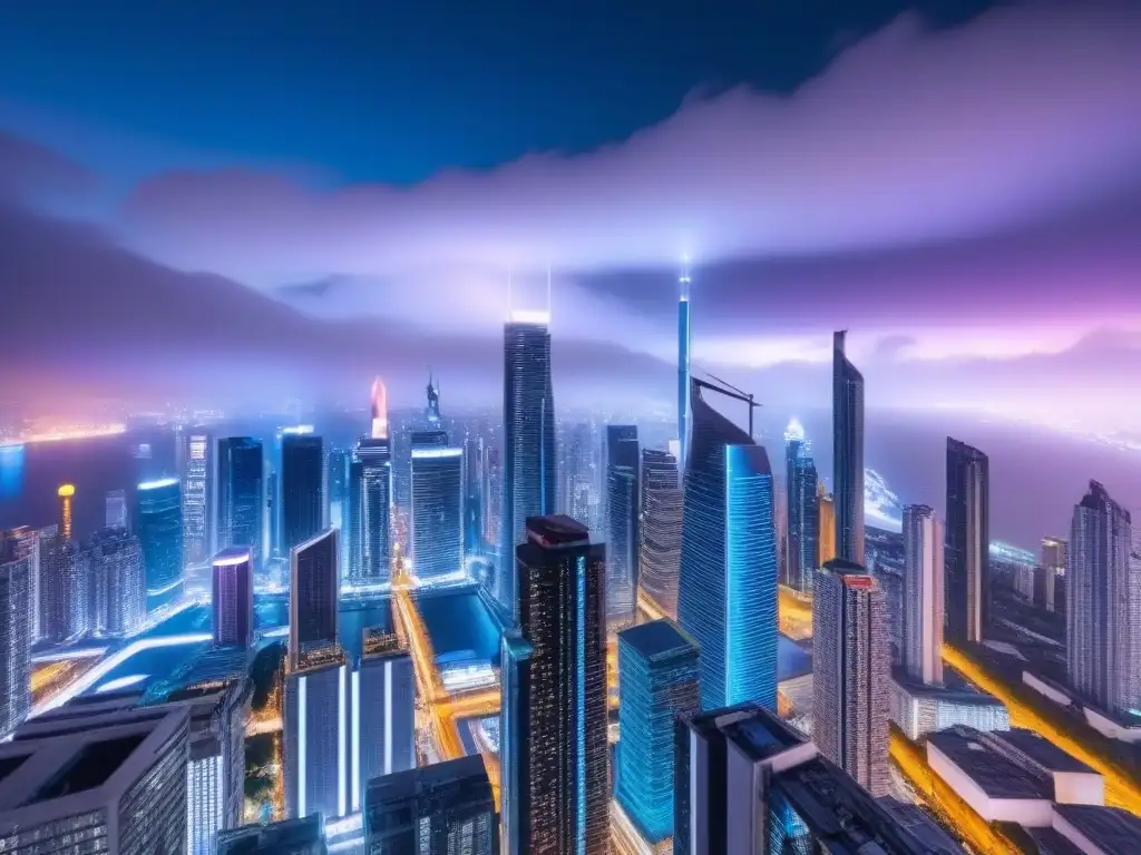 Metrópolis futurista: luces neón y tecnología avanzada Vibrante ciudad futurista de noche con tecnología Fintech y Proptech en Alianza, mostrando financiamiento inmobiliario