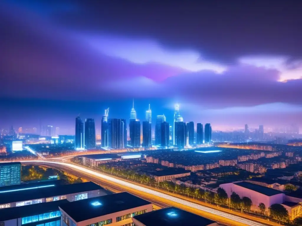 Metrópolis futurista: luces y tecnología en edificios inteligentes Vibrante ciudad futurista de noche con luces de neón y rascacielos modernos, integrando la inteligencia artificial en su arquitectura