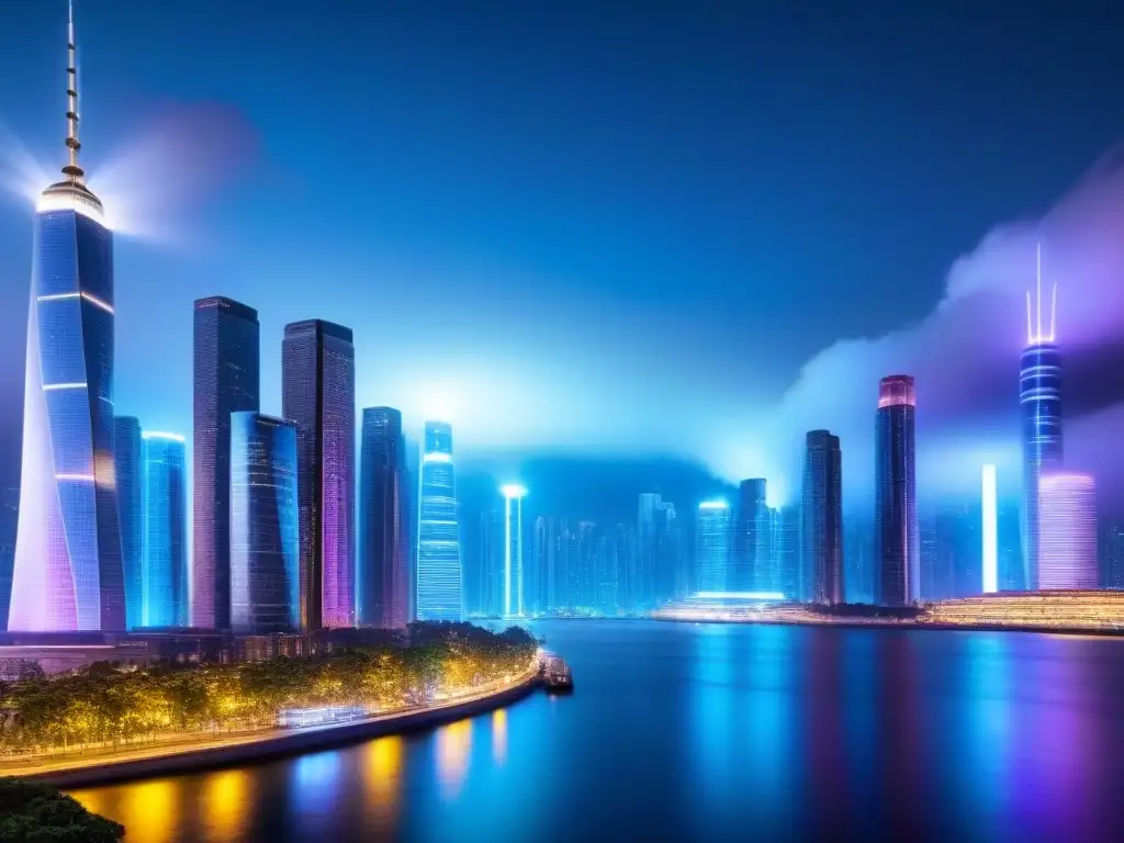 Vibrante ciudad futurista de noche con rascacielos iluminados y pantallas digitales mostrando precios inmobiliarios en tiempo real, reflejando la integración de IA en la transparencia del mercado inmobiliario