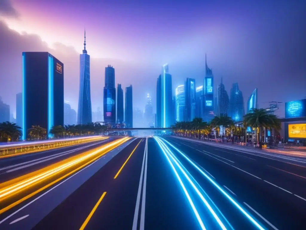 Escena futurista nocturna: ciudad iluminada, vehículos autónomos y neón Vibrante ciudad futurista de noche con rascacielos iluminados y vehículos autónomos