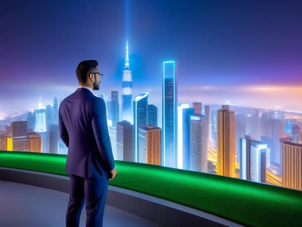 Metrópolis futurista: negocios y tecnología en alza Vibrante ciudad futurista de noche con rascacielos iluminados por neón y profesionales discutiendo transacciones inmobiliarias en tablet digital