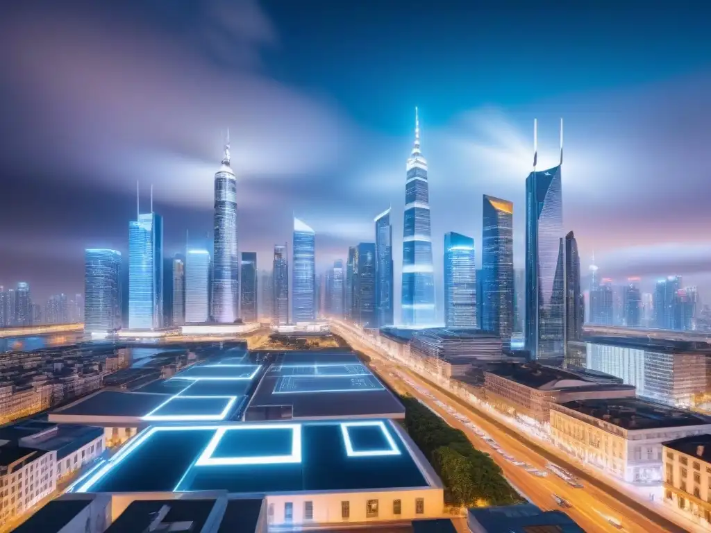 Metrópolis futurista: Transacciones inmobiliarias en blockchain Vibrante ciudad futurista de noche con tecnología blockchain en financiamiento inmobiliario