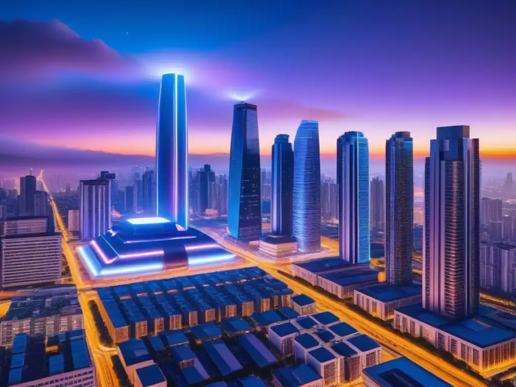 Metrópolis futurista: AI revoluciona financiamiento inmobiliario Vibrante ciudad futurista de noche con rascacielos iluminados por luces neón, drones y redes brillantes, mostrando la Integración de la Inteligencia Artificial en Financiamiento Inmobiliario