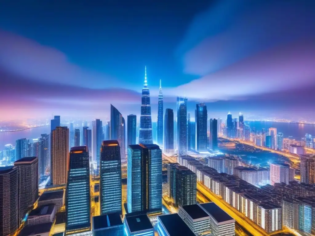 Skyline futurista con blockchain: Transacciones en neon Vibrante ciudad futurista de noche con Blockchain en financiamiento inmobiliario