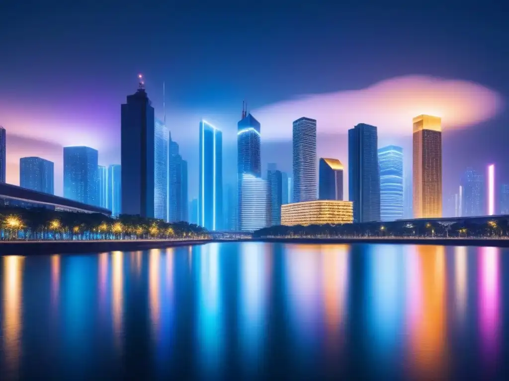 Metrópolis futurista: real estate con smart contracts Vibrante ciudad futurista de noche, con rascacielos modernos iluminados por luces neón sobre un cuerpo de agua tranquilo