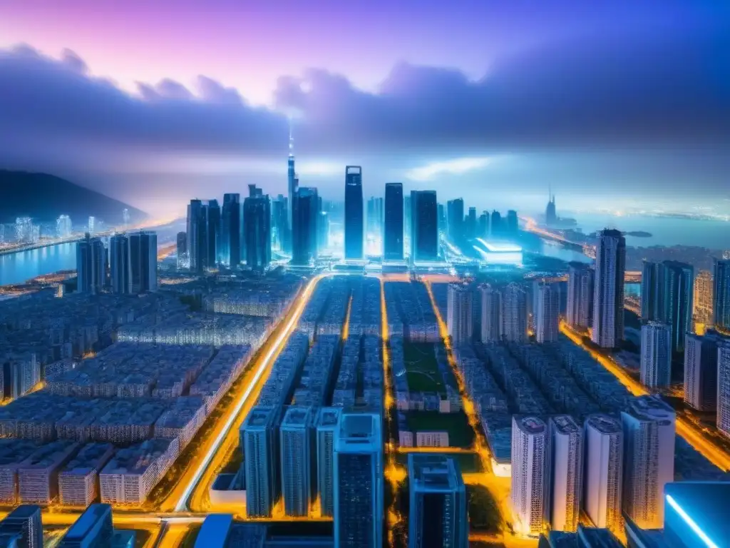 Vibrante ciudad futurista de noche con rascacielos iluminados y elementos de Blockchain, fusionando inversión inmobiliaria con tecnología avanzada