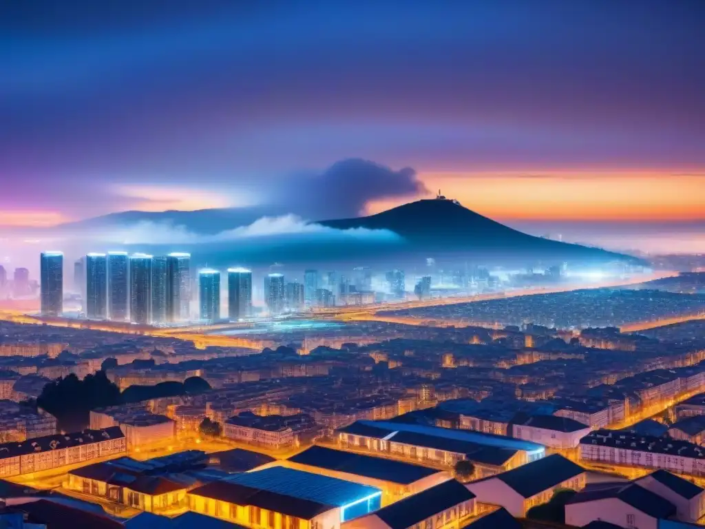 Blockchain futurista ilumina la ciudad nocturna Vibrante ciudad futurista de noche con hologramas de tecnología blockchain entre edificios tradicionales, integrando la tecnología en bienes raíces