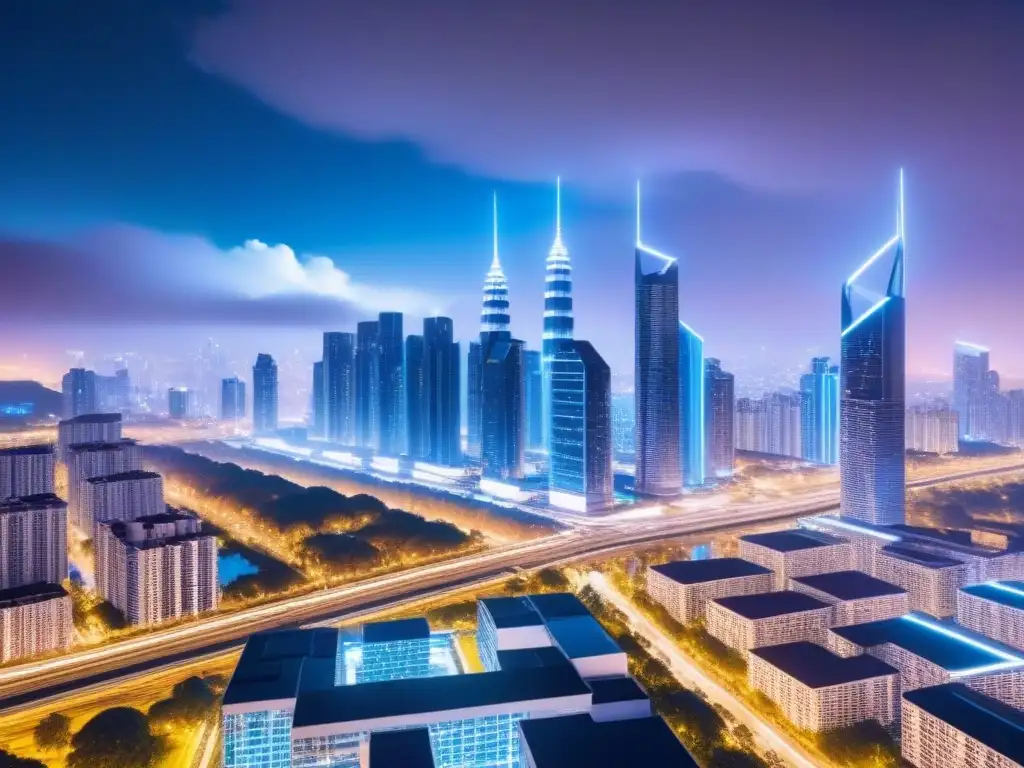 Metrópolis futurista: blockchain y contratos inteligentes en bienes raíces Vibrante ciudad futurista de noche con rascacielos iluminados y líneas brillantes, reflejando el Financiamiento inmobiliario con blockchain