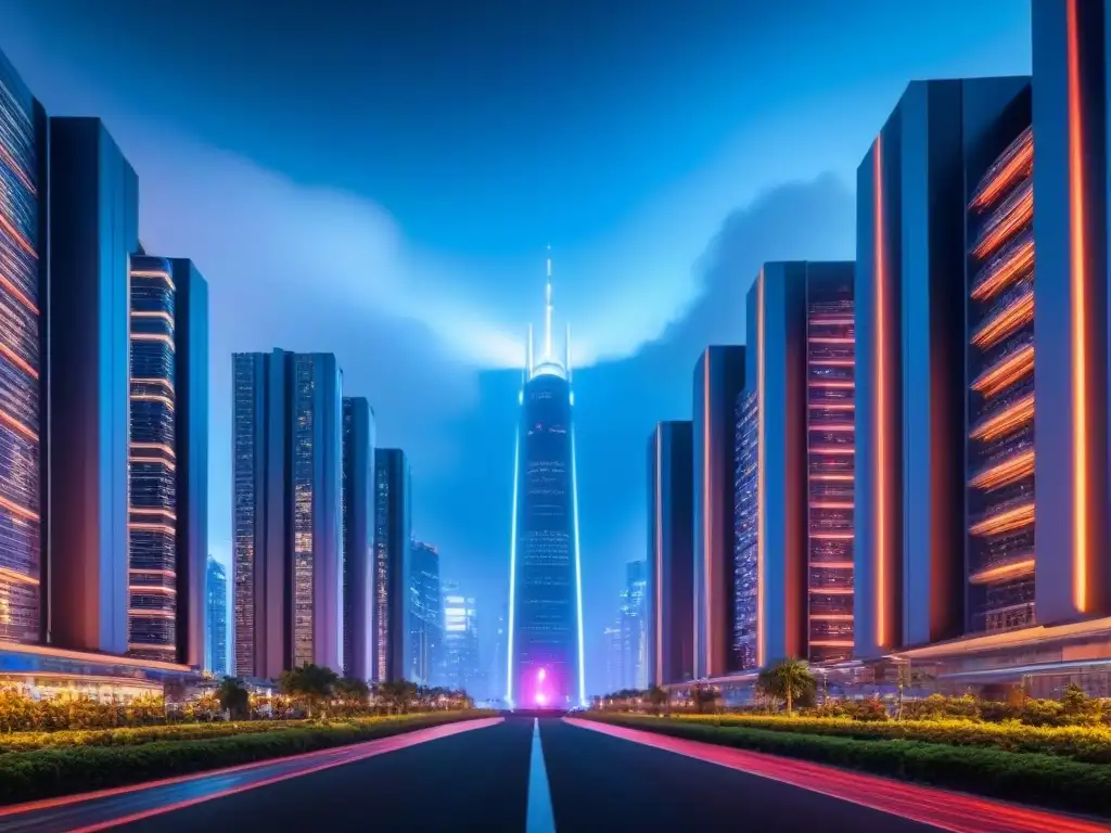 Cityscape futurista: luces neón en metrópolis avanzada Vibrante ciudad futurista de noche con rascacielos iluminados y drones, reflejando innovación en la Gestión de riesgos préstamos inmobiliarios
