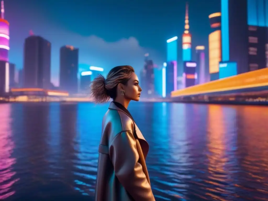Cityscape futurista en 8k: luces neón y tecnología avanzada Vibrante ciudad futurista de noche con rascacielos iluminados por luces neón, reflejados en agua tranquila