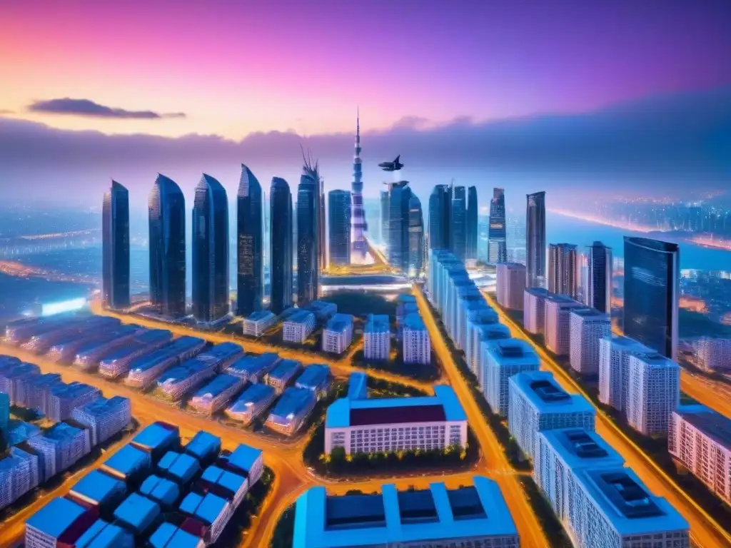 Metrópolis del futuro: innovación urbana y tecnológica Vibrante ciudad futurista de noche con tecnología avanzada y automatización en préstamos inmobiliarios