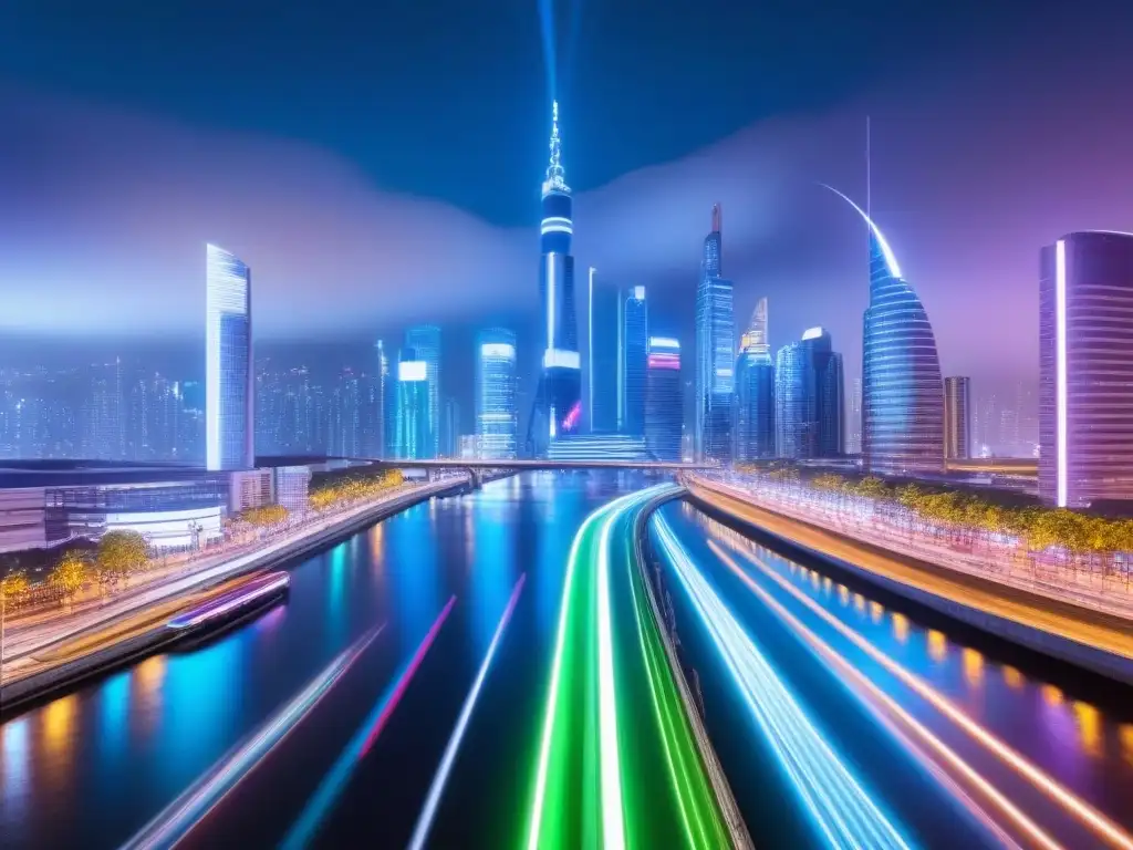 Metrópolis futurista: luces neón y tecnología avanzada Vibrante ciudad futurista de noche con IA para inversores inmobiliarios